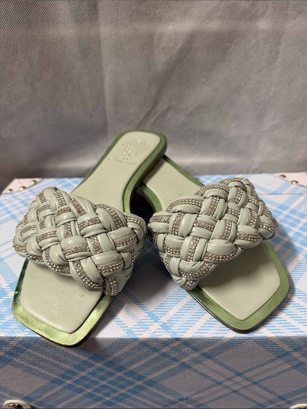 Vince Camuto Pale Green Braided Slide Mules with Silver Accents